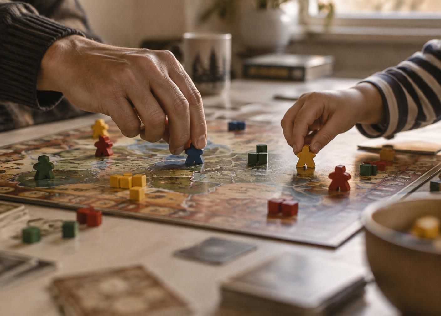 Mãos de um adulto e de uma criança movendo peças coloridas sobre um jogo de tabuleiro